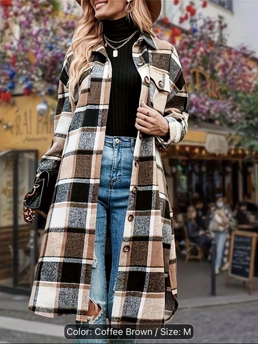 Coffee Brown Plaid Long Shacket Jacket - Women